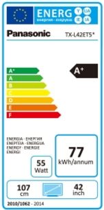 Energimærke for et Panasonic TX-L42ET5 TV, der angiver energiklasse A+, 77 kWh/år, 107 cm, 42 tommer, 55 watt