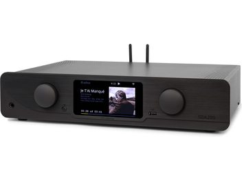 Atoll SDA200 Signature black stereo hi-fi amplifier, aluminum case, color screen, buttons, headphone jack, advertising view