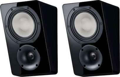 Fekete, lakkozott Canton AR 5 Dolby Atmos hangsugárzó-pár, döntött előlapos kivitelben, világos mélysugárzóval és fekete magassugárzóval