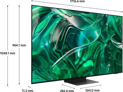 Televizor Samsung TQ77S95C 2023 s plochou obrazovkou v barvě smaragdově zelené, pohled zepředu s rozměry v milimetrech