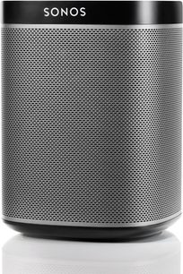 Trådløs tilsluttet Sonos Play 1 højttaler i sort, tæt forfra, perforeret metalrist over hele den cylindriske overflade