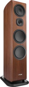 Canton Vento 101 floorstanding speaker in walnut, dark wood finish with four black drivers viewed at a three-quarter angle