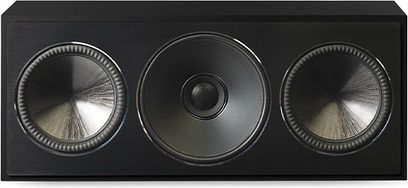 Paradigm Founder 70LCR sort lakeret centerhøjttaler, frontvisning, 3 runde højttalere bag metalgitre