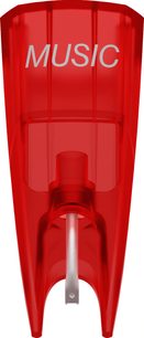 Diamante per giradischi Ortofon Stylus Concorde Music Red, vista frontale, colore rosso, scritta "MUSIC" in bianco
