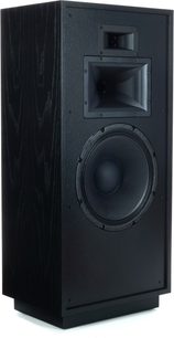 Diffusore da pavimento Klipsch Forte IV nero, vista frontale, cabinet in legno nero, altoparlante centrale rotondo, tweeter e altoparlante rettangolare