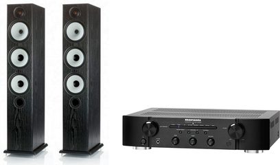 Marantz PM6005 sort stereforstærker og to Monitor Audio Bronze BX6 gulvhøjtalere i sortbejdset egetræsfinish