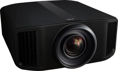 Videoproiector JVC DLA-NZ900 negru, vedere din trei sferturi din față, obiectiv central, grilaje de ventilație laterale