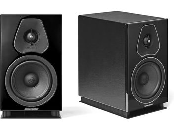 Sonus Faber Lumina II plaukta skaļrunis melnā lakā, skats no priekšpuses un trīs ceturtdaļu leņķī ar pīkstuli un basu skaļruni