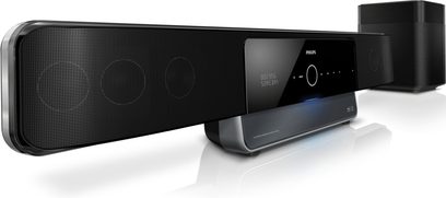 Sort Philips HTS8160 soundbar med trådløs subwoofer, LED-display, tilslutninger og fjernbetjening