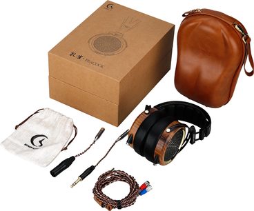 Otevřená hifi sluchátka Sendy Audio Peacock Zebra, kartonová krabice, hnědé kožené pouzdro, pletené kabely, látkový sáček