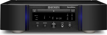 Marantz SA-12SE Special Edition CD-afspiller, sort front med LCD-skærm, sølvfarvede knapper og kontrolhjul, to koniske fødder
