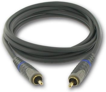 5 meter sort RCA-lydkabel med forgyldte RCA-hanstik i enderne og grå isolerende kappe