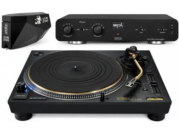 Sort Technics-pladespiller med guldfarvet tonearm, Ortofon LVB 250-pickup og sort SPL-phono-forforstærker