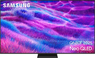 Samsung QN80F 2025 sort fladskærms-tv med ultratynd metalramme, Neo QLED, set forfra, monteret på rektangulært centralt stativ