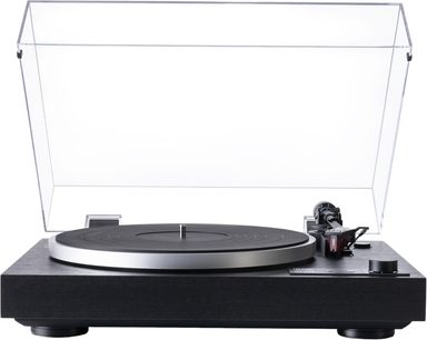 Πικάπ hi-fi Dual CS 429 μαύρο με ξύλινη βάση, ασημί αλουμινένιο πλατό, βραχίονα ανάγνωσης δεξιά και διαφανές πλαστικό καπάκι ανασηκωμένο, όψη από μπροστά