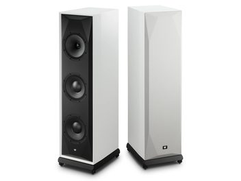 White Mofi Electronics SourcePoint 888 floorstanding speakers, one with grille and one without, three-driver front baffle