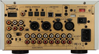 Przedwzmacniacz stereo Advance Paris PX1 w kolorze białym, z przednią częścią w kolorze złotym, z czarnymi złączami audio, pokrętłami i przełącznikami