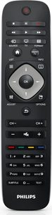 Sort Philips 47PFL4007H fjernbetjening med multifarvede knapper og numerisk tastatur, set forfra