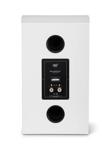 Diffusore da libreria Mofi Electronics SourcePoint 8 bianco, vista posteriore con doppio condotto bass-reflex e morsettiera nera