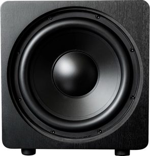 Velodyne Deep Blue 12 sort basrør, frontvisning, sort cirkulær centralmonteret højttaler i sort firkantet kabinet