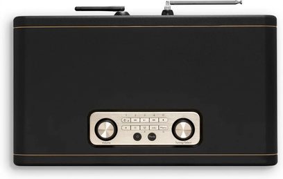 Altoparlante connesso Roberts Revere 500 nero con pannello di controllo dorato, due manopole e antenne ripiegate