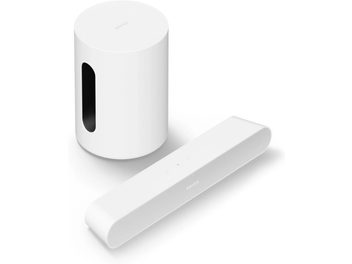 Sonos garso juostos Ray + Mini Sub baltas rinkinys, vaizdas iš priekio ir šono, pailga stačiakampė ir kubinė forma, balta spalva