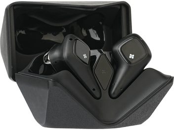 Black Hifiman Svanar Wireless 2 wireless earbuds with white stems and logos, in their open, angular case