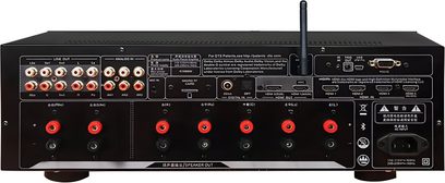 Tonewinner AT-2700 hjemmebio-forstærker set bagfra, RCA- og HDMI-tilslutninger samt rød-sorte højttalerterminaler, Wi-Fi-antenne
