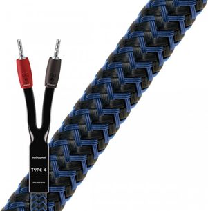 Højttaler-kabel fra Audioquest Type 4 flettet i blåt og sort med røde og sorte bananstik, nærbillede af den ene ende