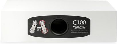 Centrale luidspreker Motion XT C100 mat wit met zwarte achterpaneel, transparante aansluitklemmen en centrale ronde poort