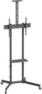 Подставка за телевизор Norstone Pro Vision One в матов черен метал, изглед от три четвърти, оборудвана с две цилиндрични стойки, перфорирана хоризонтална греда за екран, централна плоча и кръстообразна основа с четири роли.