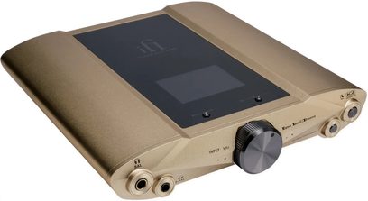Convertidor de audio portátil iFi Audio iDSD Valkyrie dorado con pantalla central, botón giratorio negro y varios puertos en el frontal