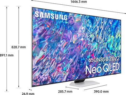 Samsung QE65QN85B 2022 Neo QLED-tv, fladt rektangulært skærm, set forfra, dimensioner vist på billedet