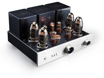 Amplificatore stereo a valvole Cayin CS-150A argento, chassis in metallo nero e pannello frontale in alluminio spazzolato, vista tre quarti anteriore sinistra, con tre trasformatori neri sul retro, otto valvole termoioniche sul piano superiore e due grandi manopole cilindriche oltre a piccoli interruttori sul frontale