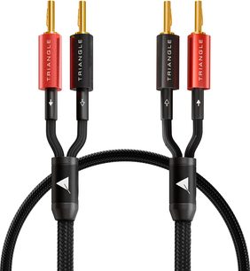 Zwarte gevlochten Triangle-luidsprekerkabel met dubbele uitgang, vergulde banaanconnectoren en rood-zwarte uiteinden in close-up