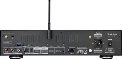 Multimediální přehrávač R_volution PlayerPro 8K TV černý, zadní pohled s porty HDMI, audio, síťovými porty a Wi‑Fi anténou
