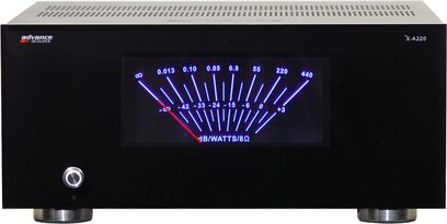 Advance Paris X-A220 sort effektforstærker, set forfra, blå VU-meter display, knapper og stik på forsiden