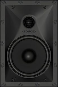 Inbyggnadshögtalare för vägg från Sonos, svart i plast och metall, frontvy, gallerförsedd diskant och stor woofer