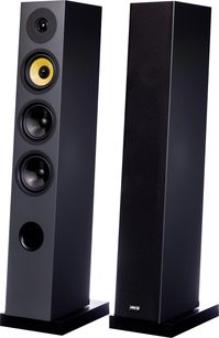Gulvhøjttaler Davis Acoustics Courbet nr. 5 grå, set forfra og i trekvart vinkel, 4 cirkulære højttalerenheder, rund basrefleksport, rektangulær sokkel