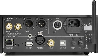 Gold Note DS-10 EVO svart nettverksmottaker med RCA-, XLR-, Ethernet-, USB-, koaksial-, TOSLINK-kontakter og Wi-Fi-antenne