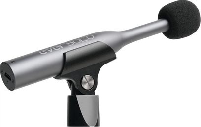 Microfone de calibração EverSolo EM-01 em metal cinza com ponta de espuma preta, suporte preto e parafuso prateado visível