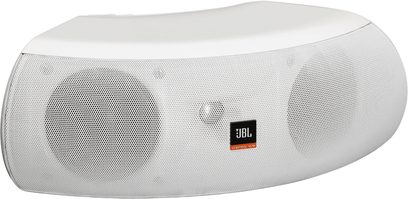 JBL Control Now hvid udendørs højttaler, set forfra, oval forlænget form, metalrist over hele overfladen