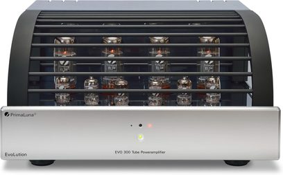 Amplificatore di potenza PrimaLuna EVO 300 argento, vista frontale, 14 valvole termoioniche, griglia di ventilazione nera