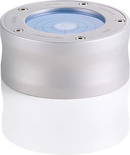 ClearAudio aukštos precizijos lygiagretus vinilo plokštelių žaidiklio lygmuo, baltos spalvos, viršutinis vaizdas, apskritas paviršius su mėlynais burbuliniais lygiais