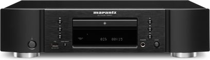 Marantz CD6007 black CD player, front view, black facade with blue LED display, silver buttons and knob, centered CD tray