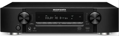 Marantz NR1604 sort hjemmebiografsforstærker, frontvisning, display "DOLBY HD B-ray", sort front med knapper og stik