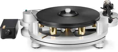 Michell Engineering GYRO platenspeler, zilverkleurig aluminium, zwarte draaitafel, gouden gewichten, arm rechts, vooraanzicht