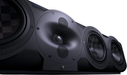 Perlisten S7c center speaker with black circular drivers, textured cones, aligned tweeters, close-up angled view