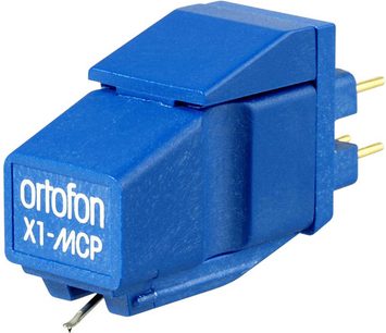 Ortofon X1-MCP blå pick-up til vinylplader set ovenfra, forgyldte stik