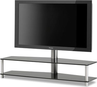 Sort glasmøbel til TV med metalstativ, fladskærm placeret ovenpå, set forfra